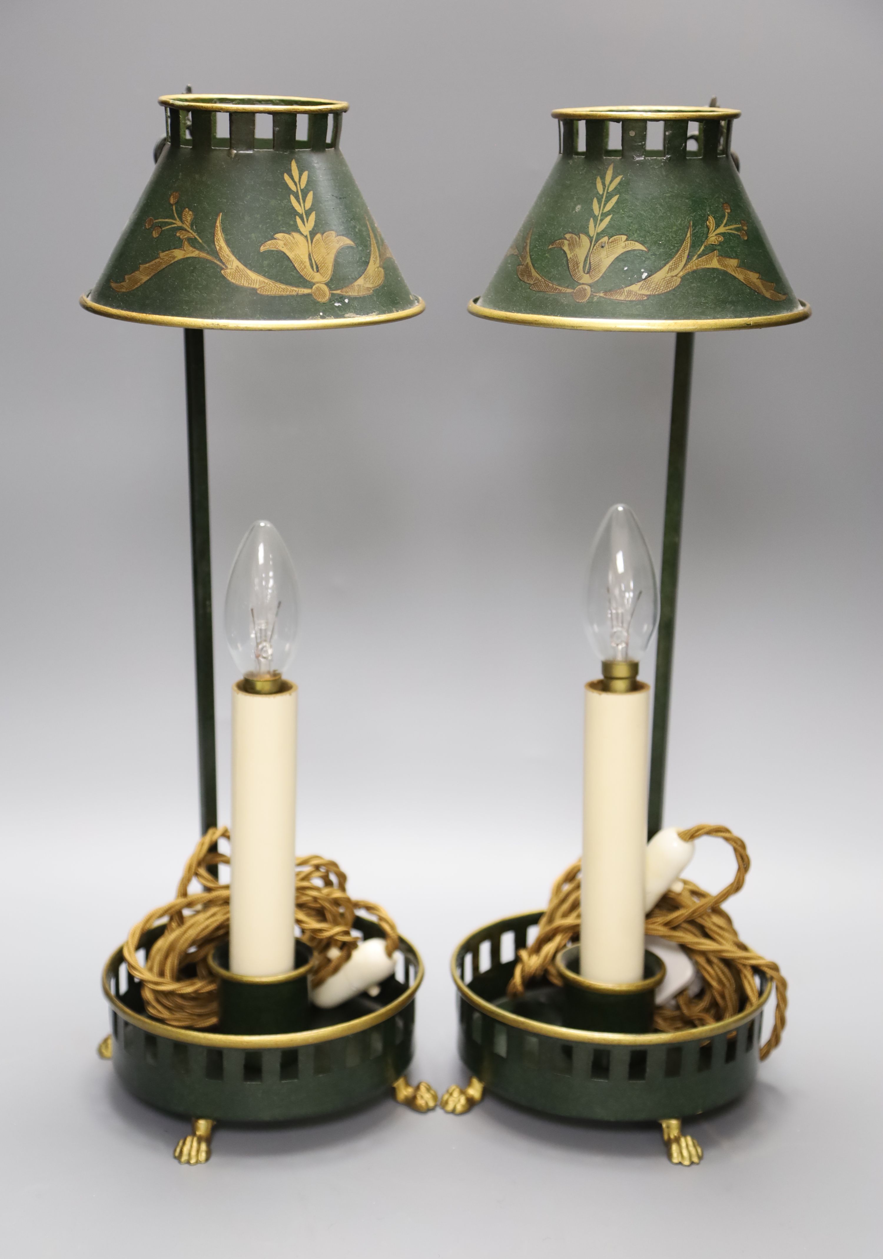 A pair of tole peinte table lamps, height 44cm